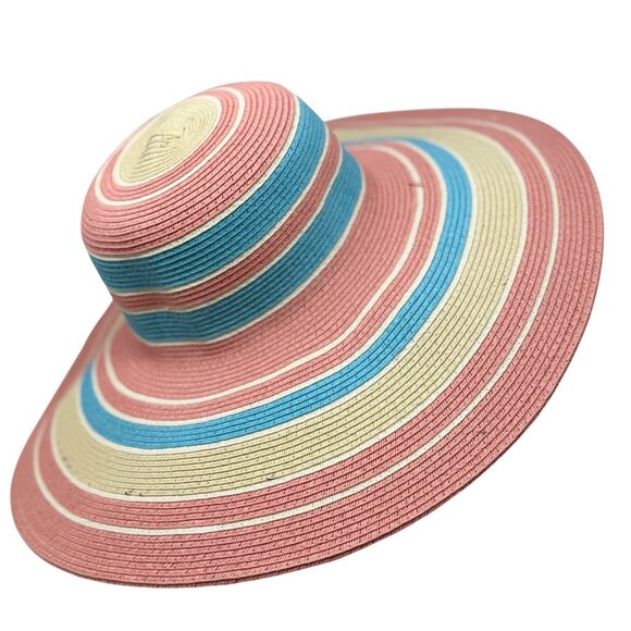 Striped Wide Brim Sun Beach Hat UPF50+ Protection Blue / Yellow /Pink Stripes - Picture 3 of 11